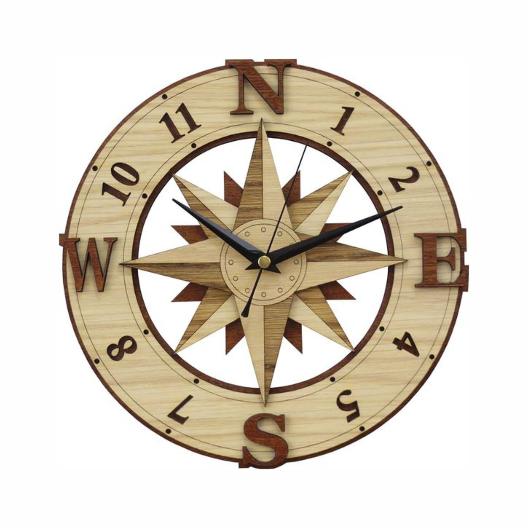 Compass Rose Clock, laser-cut clock design by Engravia Mauritius