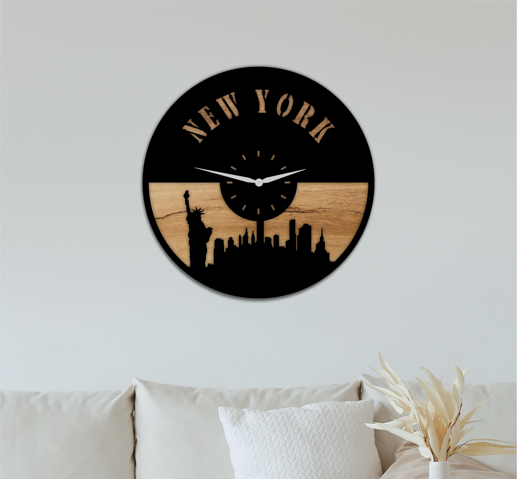 New York Skyline Clock, laser-cut clock design by Engravia Mauritius