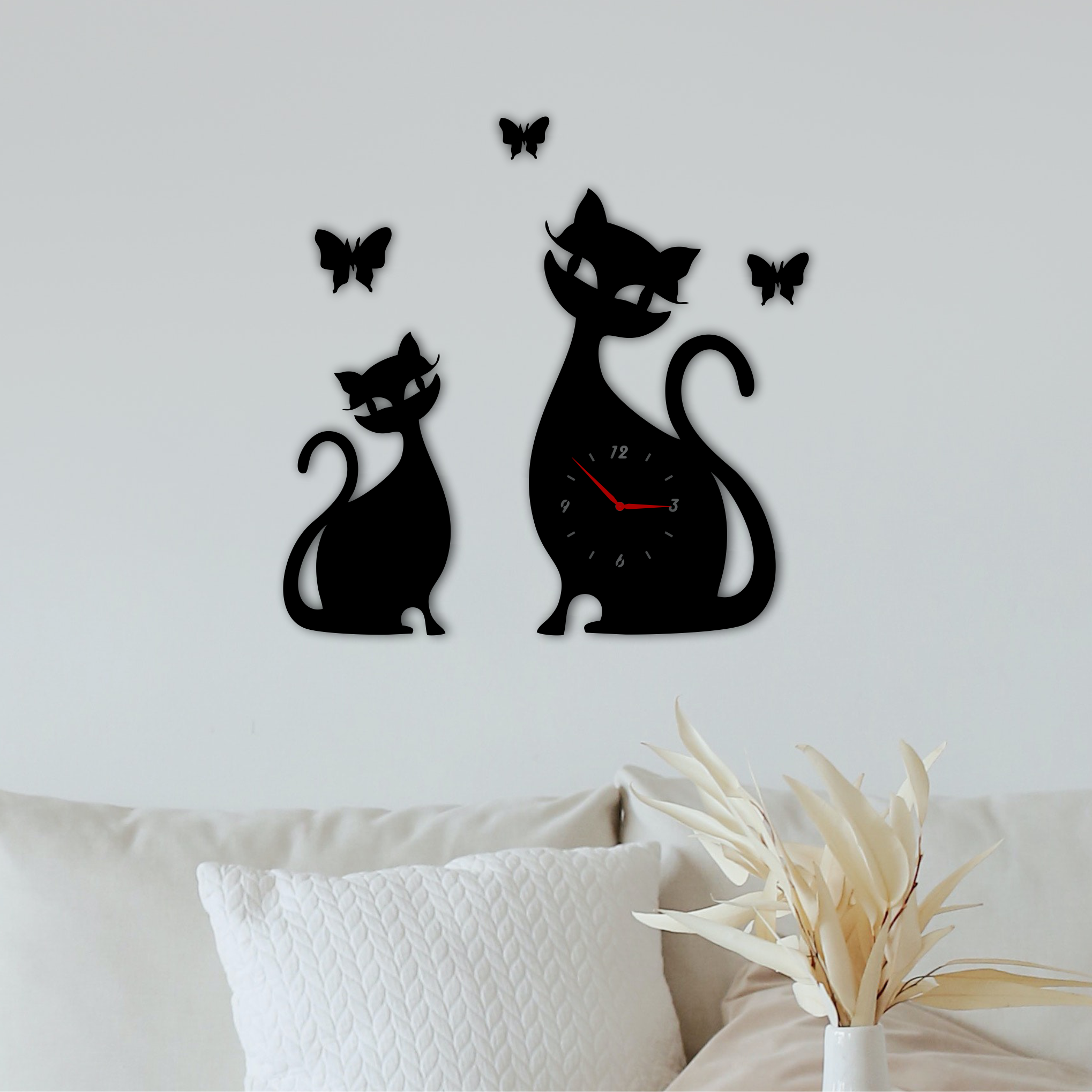 Butterfly Cats Clock, laser-cut clock design by Engravia Mauritius