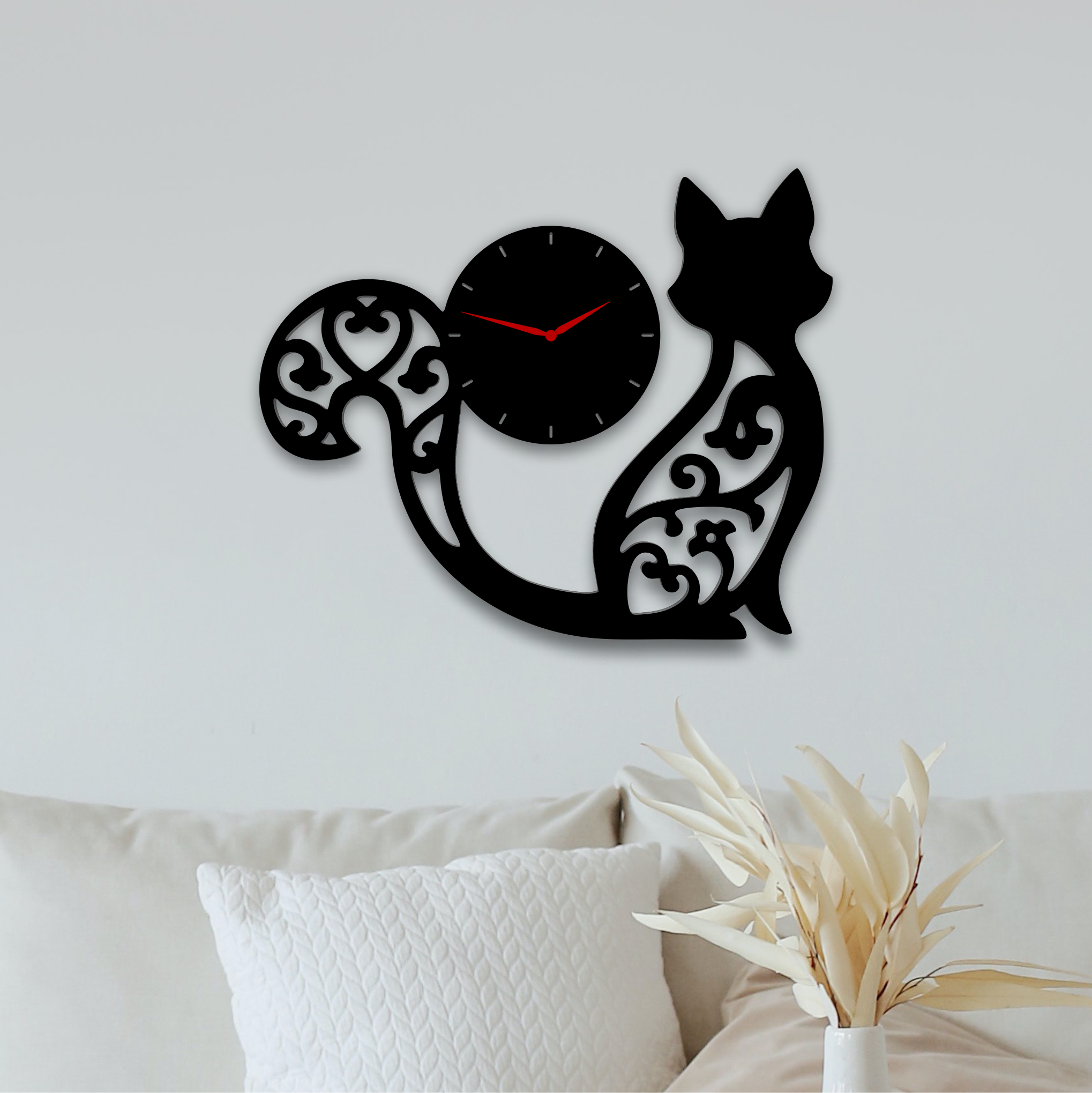 Decorative Cat Clock, laser-cut clock design by Engravia Mauritius