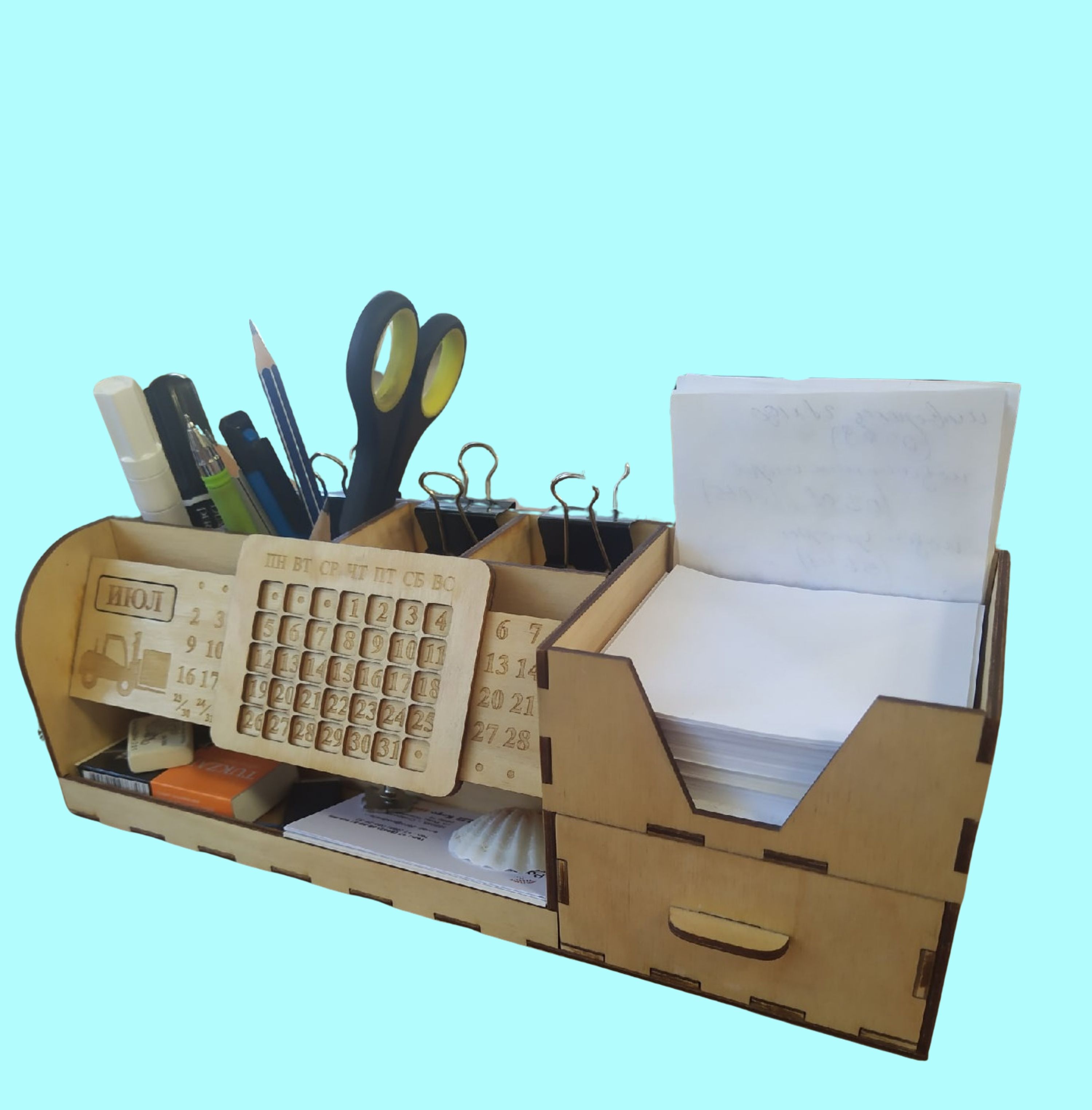 Multi-Level Desk Caddy custom laser-cut wooden desk organiser by Engravia Mauritius