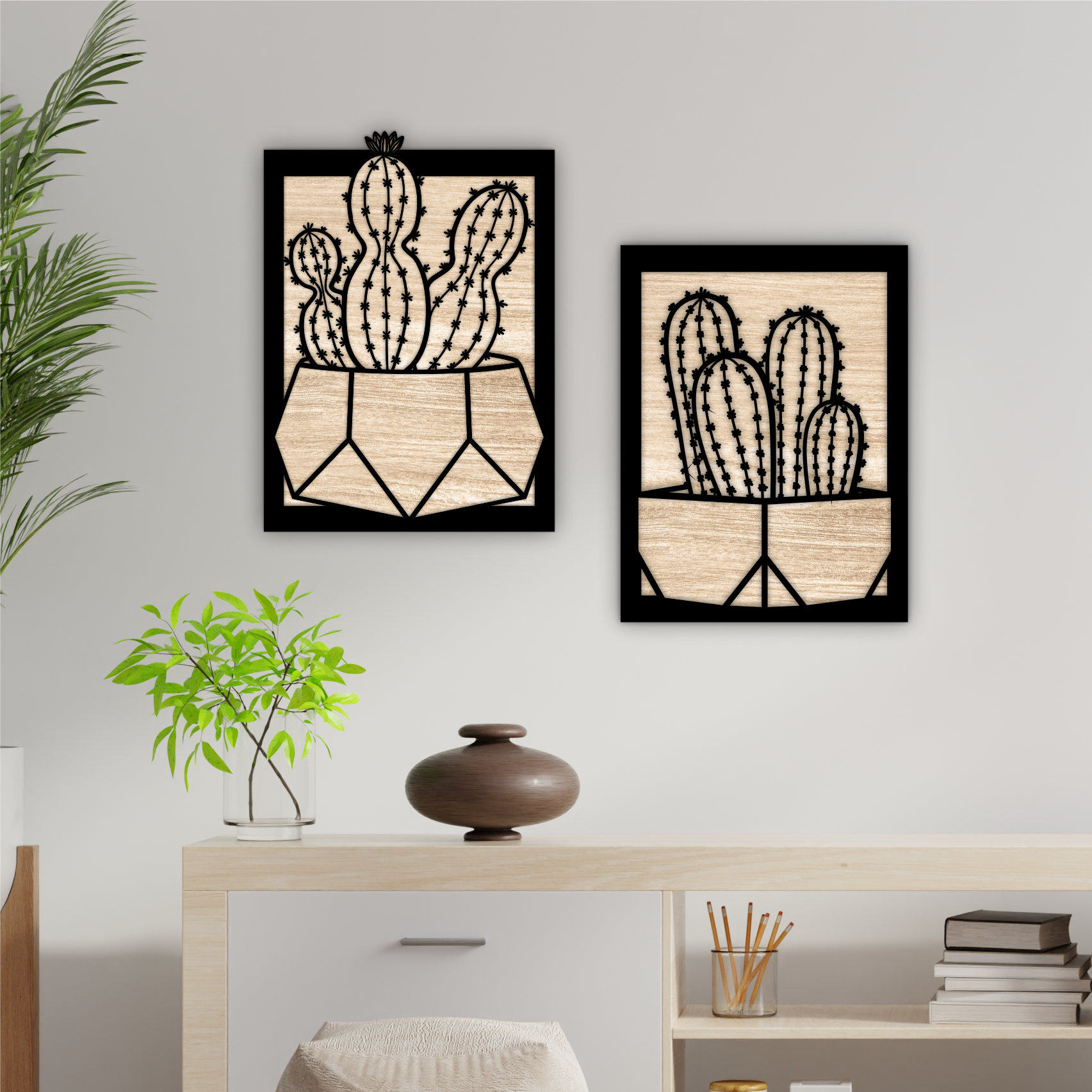 Cactus Frame Pair, laser-cut wall décor by Engravia Mauritius