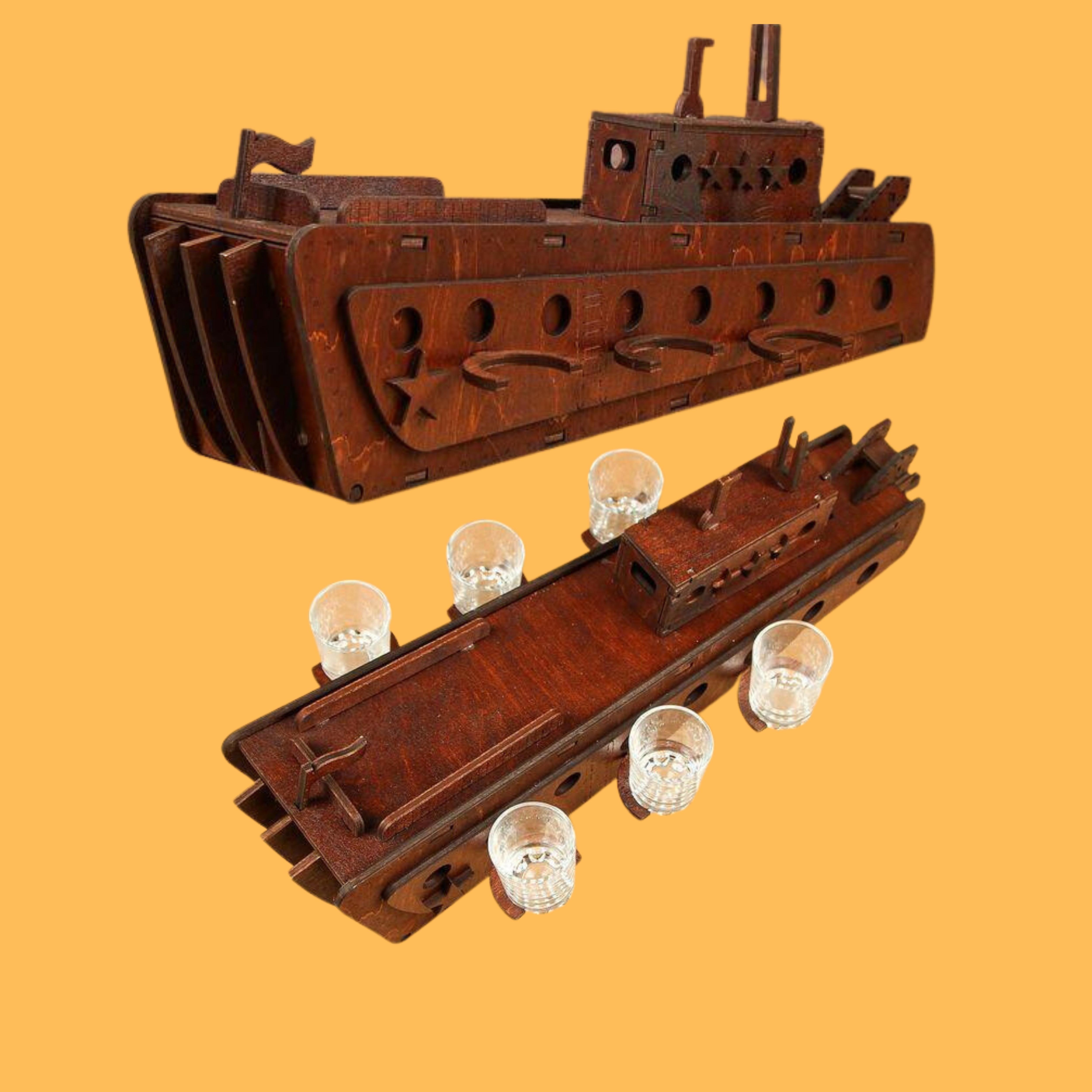 Ship Bottle and Glass Rack, custom laser-cut wooden product by Engravia Mauritius