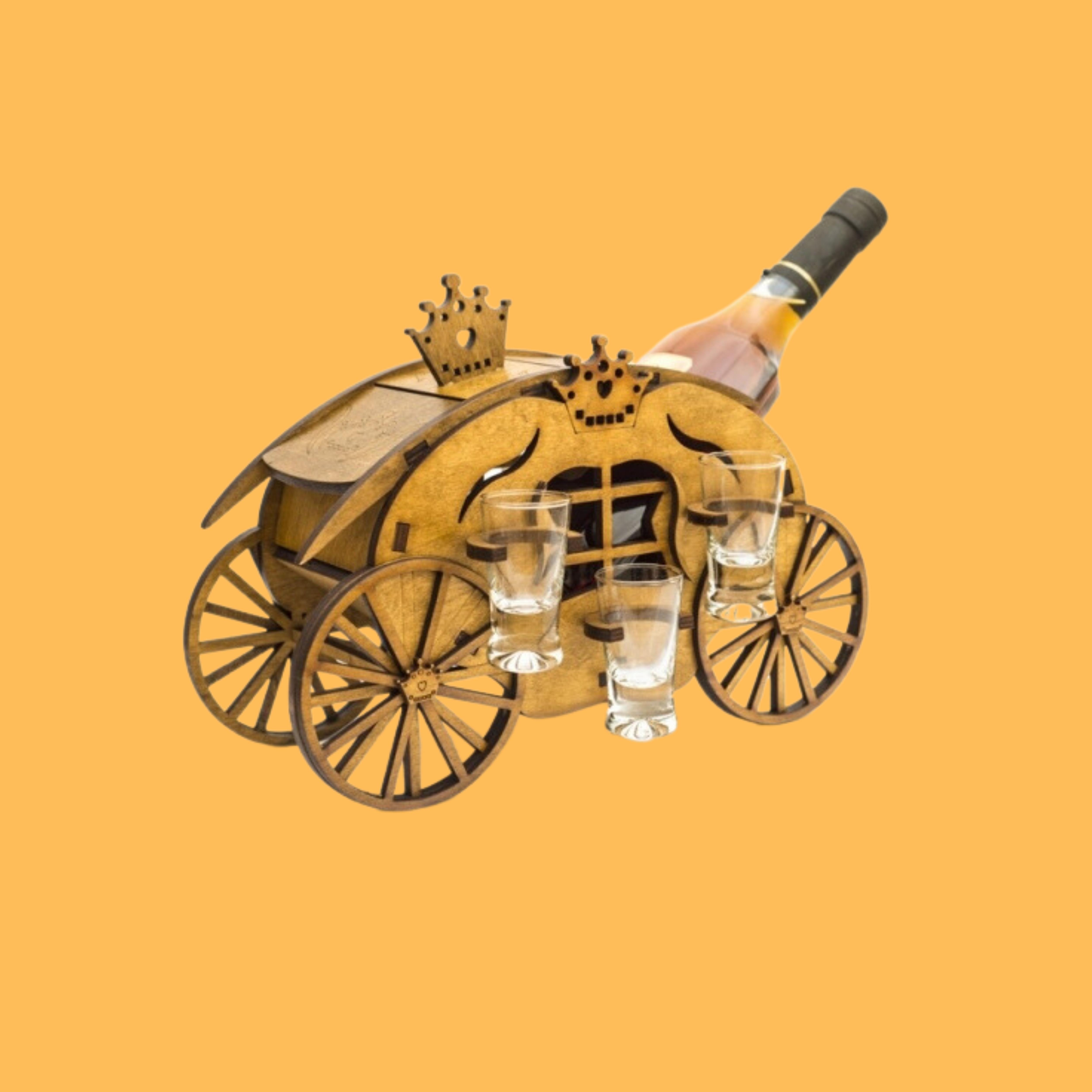 Carriage Bottle and Glass Holder, custom laser-cut wooden product by Engravia Mauritius