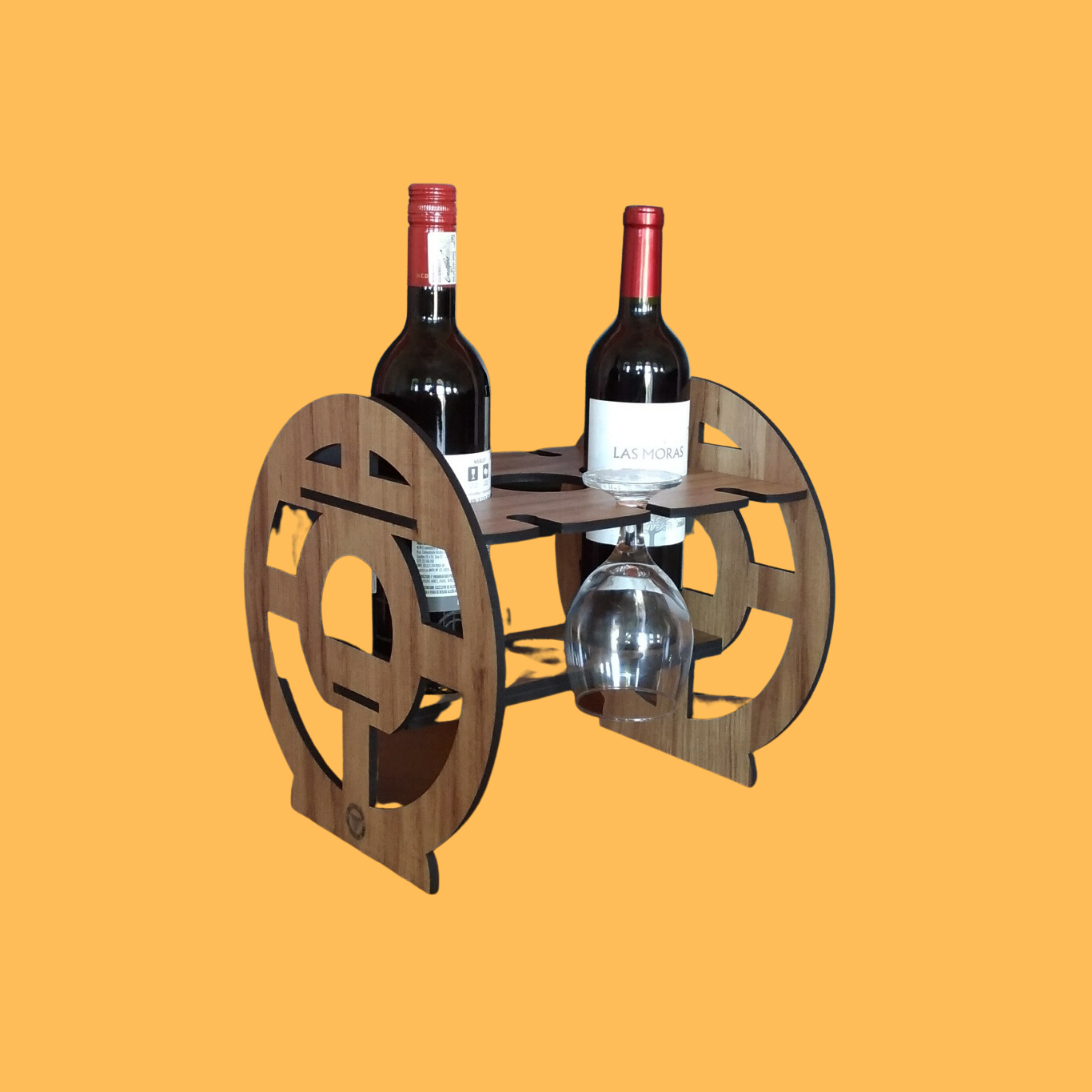 Double Bottle Wheel Stand, custom laser-cut wooden product by Engravia Mauritius