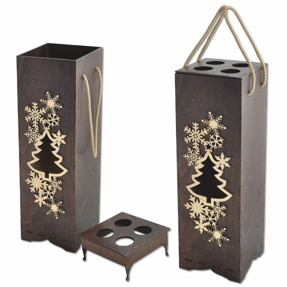 Holiday Bottle and Glass Carrier, custom laser-cut wooden product by Engravia Mauritius