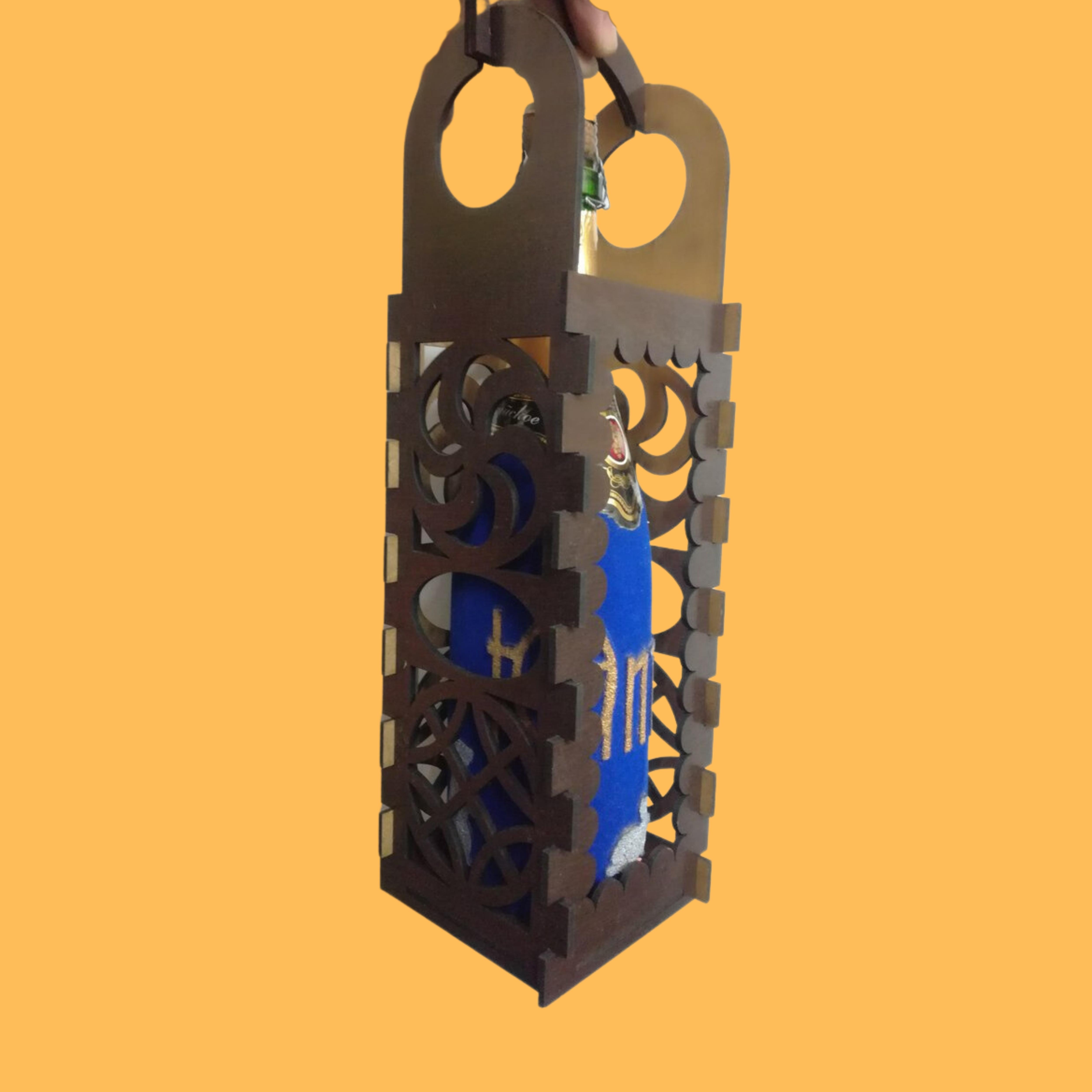 Ornate Hanging Bottle Carrier, custom laser-cut wooden product by Engravia Mauritius