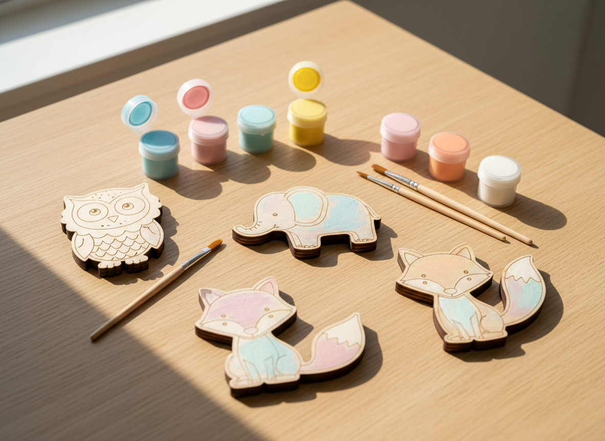 Professional ecommerce lifestyle photograph of a children's DIY laser-cut wooden painting kit, cheerful animal-shaped wooden pieces, child-safe paint pots and brushes arranged neatly on a light warm table, playful but premium pastel styling, realistic finished products, bright soft daylight, square composition, no child visible, no text, no logo, no watermark