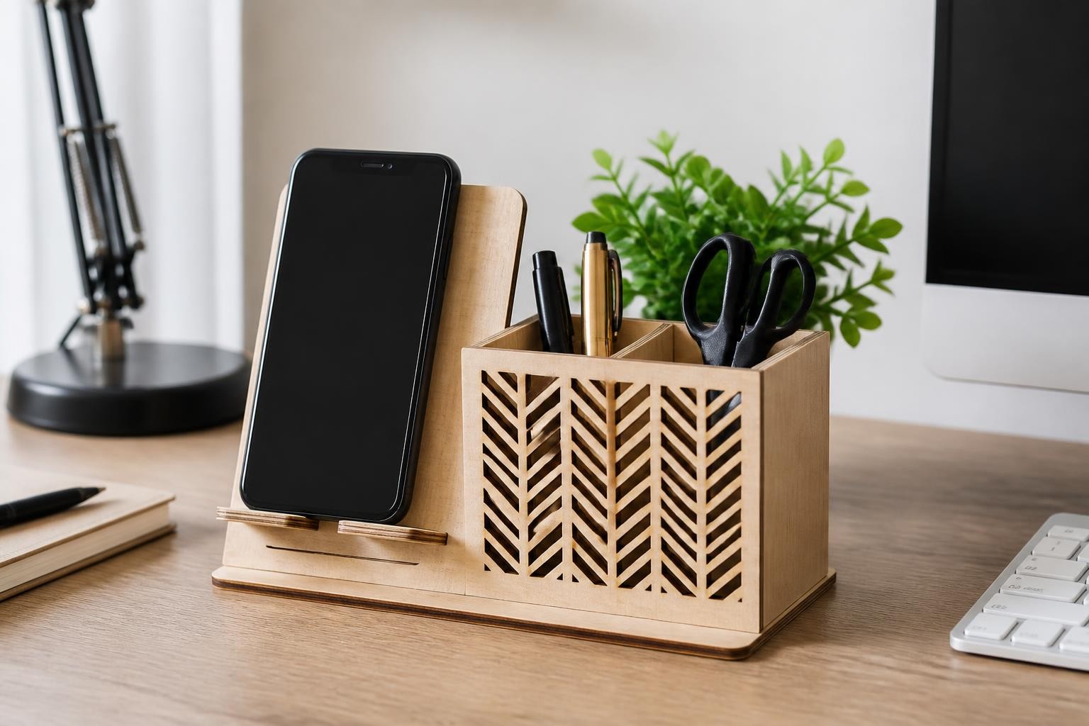Professional ecommerce lifestyle photograph of a modern laser-cut wooden mobile phone holder and desk organiser holding a generic black smartphone, clean home office desk, warm natural plywood, small plant and stationery, premium realistic craftsmanship, soft daylight, square composition, no visible brand, no text, no logo, no watermark
