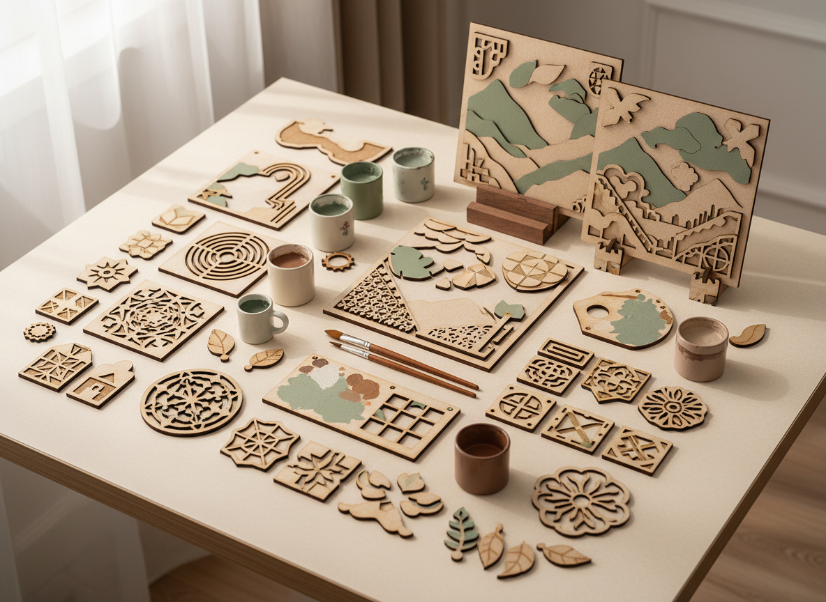 Professional ecommerce lifestyle photograph of a premium adult DIY laser-cut wooden painting kit arranged neatly on a warm cream tabletop, several engraved wooden shapes, small paint pots and brushes, elegant neutral styling, soft natural window light, realistic finished products, warm walnut and sage accents, square composition, no people, no text, no logo, no watermark