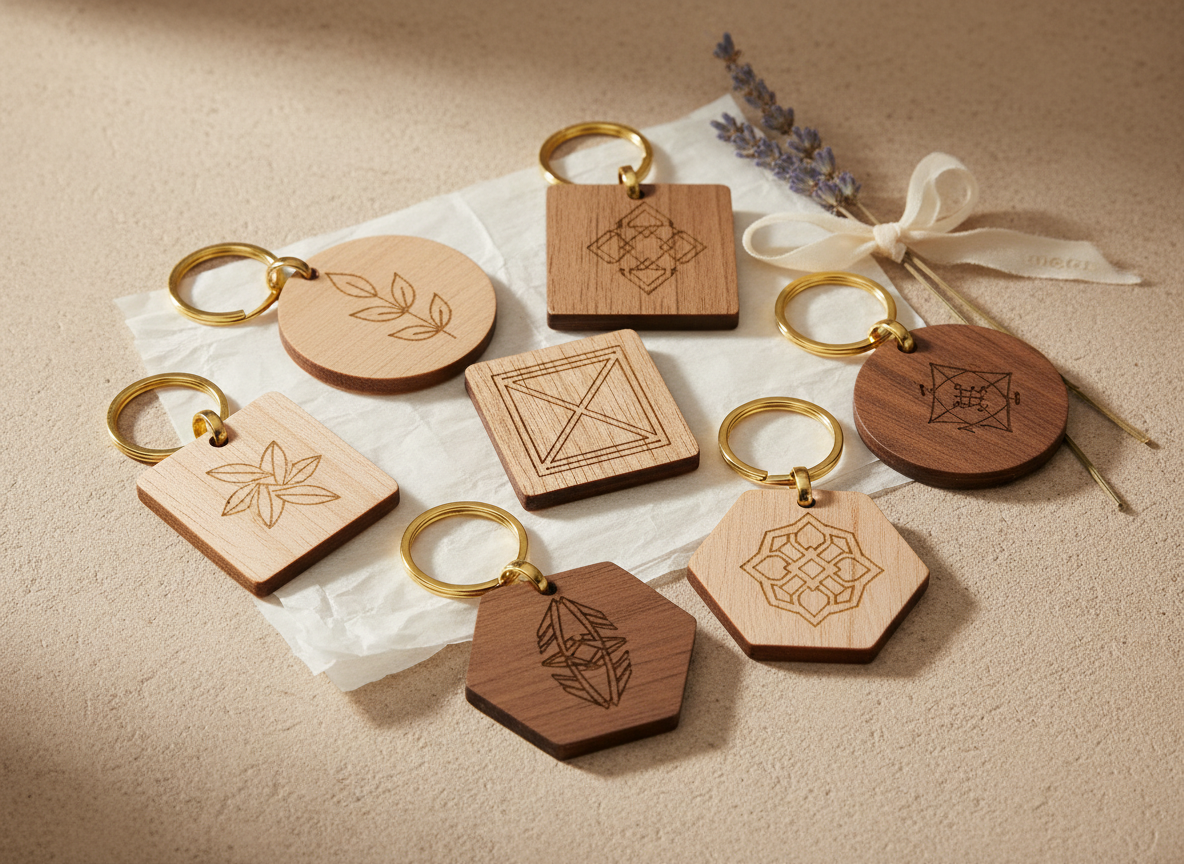 Professional ecommerce lifestyle photograph of several premium personalised laser-cut wooden keychains arranged on a warm neutral surface, varied simple shapes with subtle engraved decorative patterns but no readable words, brass key rings, elegant gift styling, realistic wood grain, soft studio light, square composition, no text, no logo, no watermark