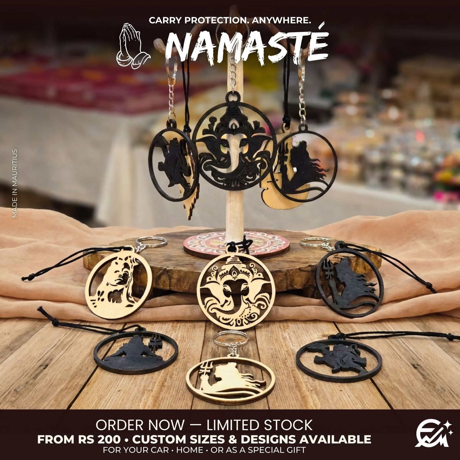 Religious laser-cut wooden car mirror hangings and keychains made in Mauritius